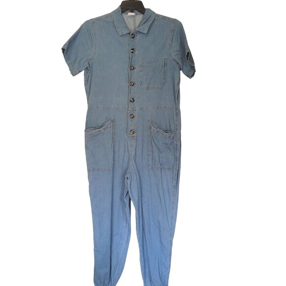 Denim Jumpsuit Juniors XL Button Front Elastic Cuffs No Boundaries Pockets Short - Picture 4 of 8